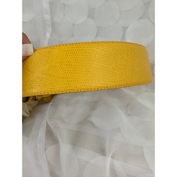 Vintage Donna Karen WIDE Leather Belt Mustard Gold Lizard Embossed Small ITALY - Picture 7 of 7